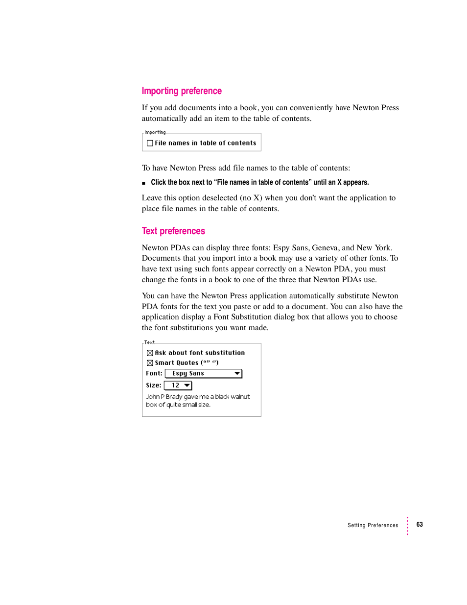 Importing preference, Text preferences | Apple Newton Press (Macintosh) User Manual | Page 63 / 103