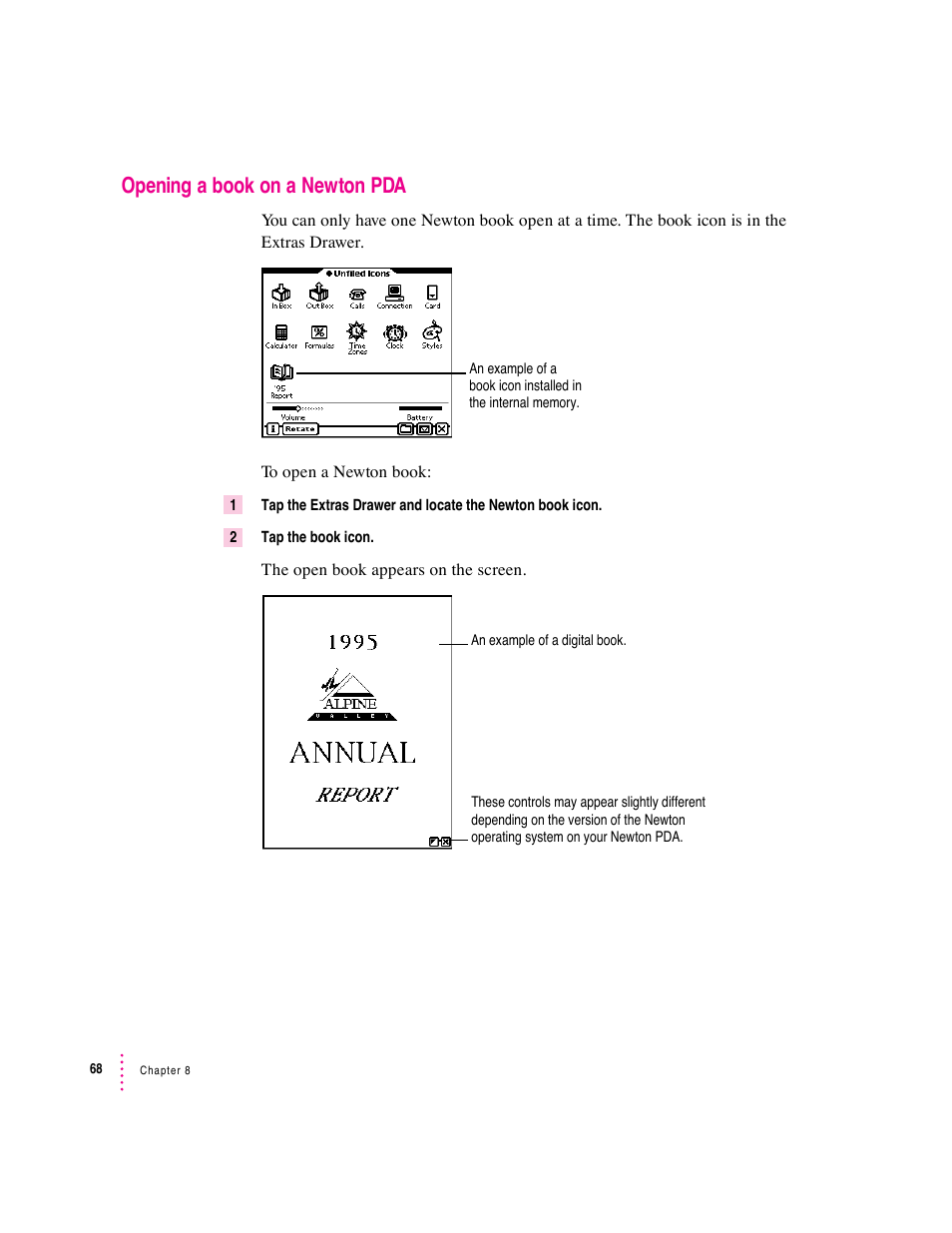 Opening a book on a newton pda | Apple Newton Press (Macintosh) User Manual | Page 68 / 103