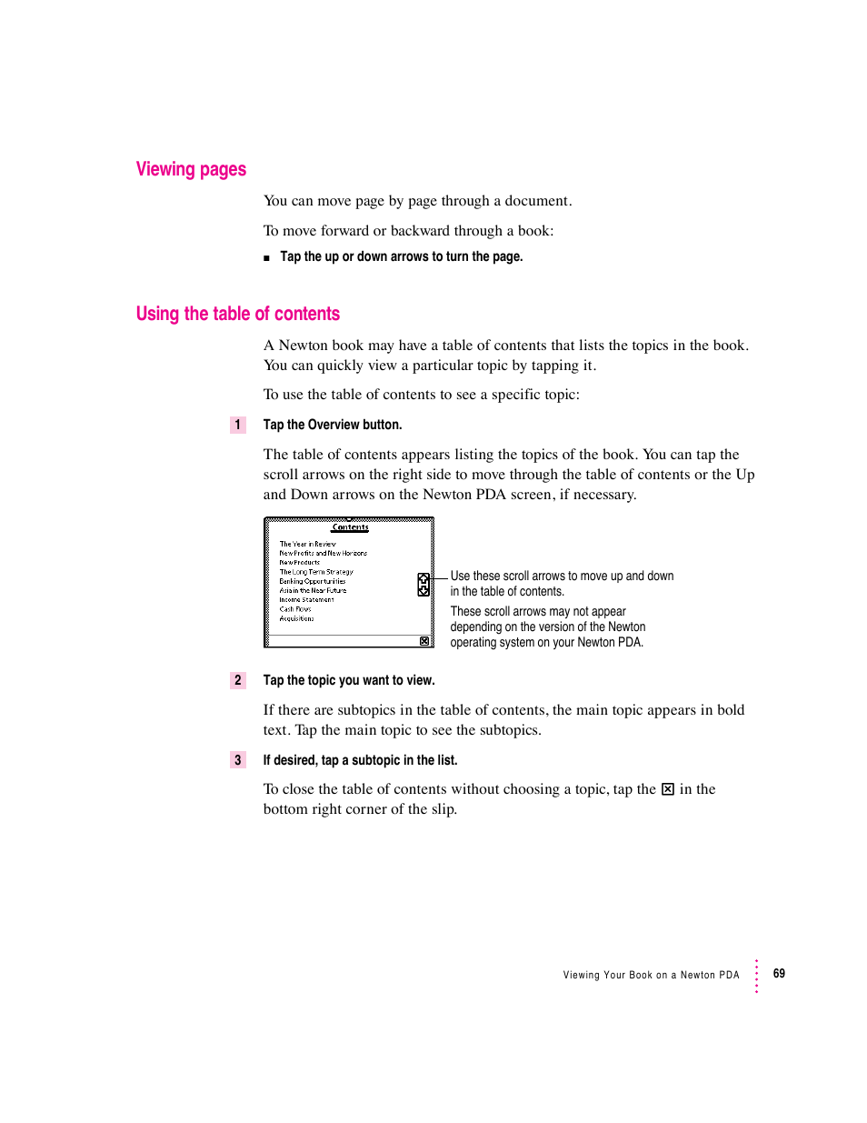 Viewing pages, Using the table of contents | Apple Newton Press (Macintosh) User Manual | Page 69 / 103