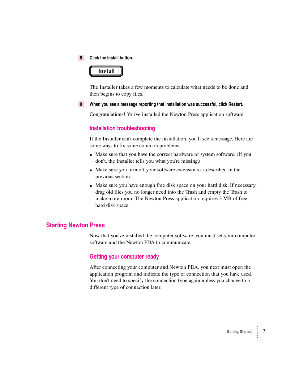 Starting newton press | Apple Newton Press (Macintosh) User Manual | Page 7 / 103