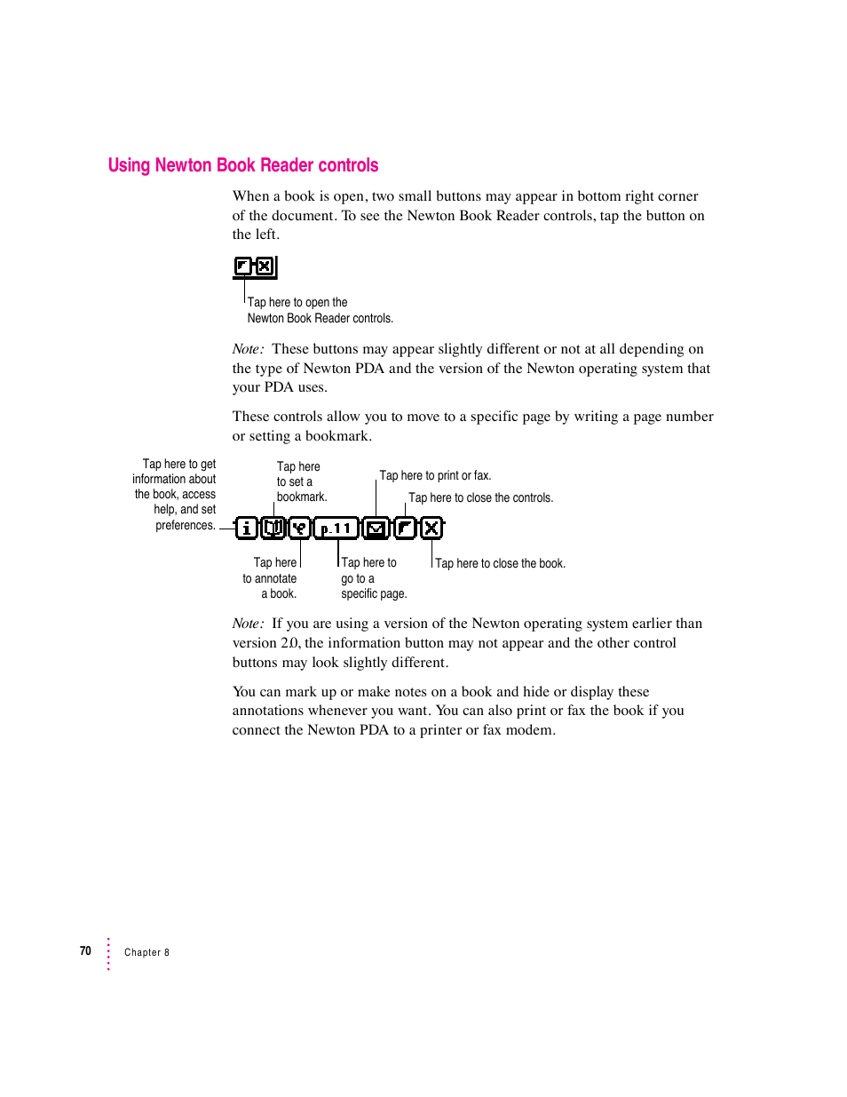 Using newton book reader controls | Apple Newton Press (Macintosh) User Manual | Page 70 / 103