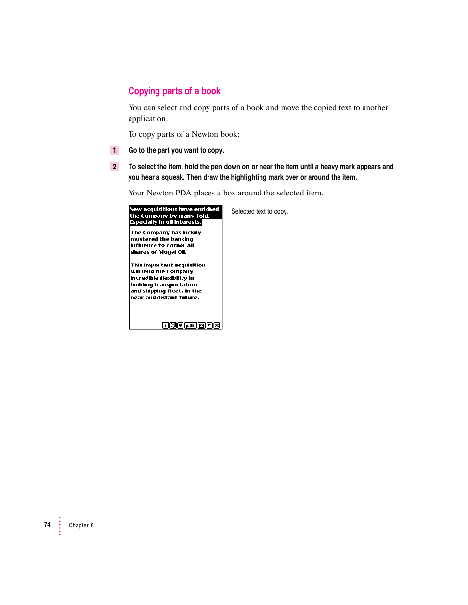 Copying parts of a book | Apple Newton Press (Macintosh) User Manual | Page 74 / 103