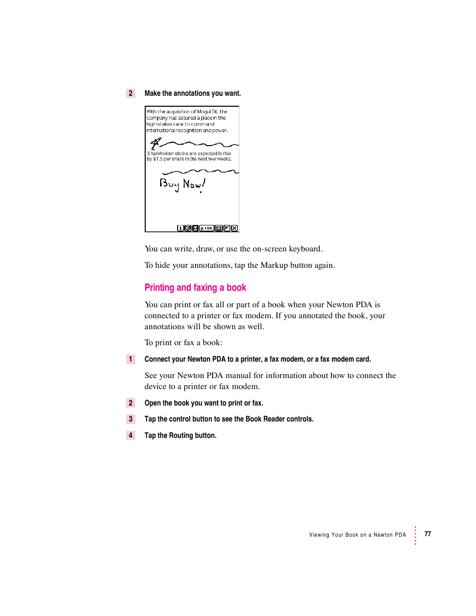 Printing and faxing a book | Apple Newton Press (Macintosh) User Manual | Page 77 / 103
