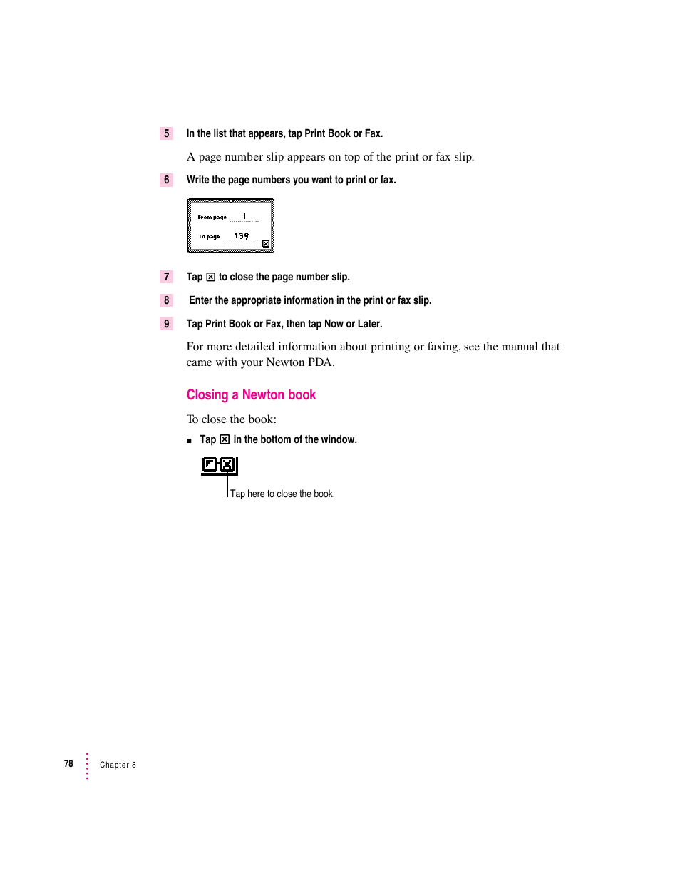 Closing a newton book | Apple Newton Press (Macintosh) User Manual | Page 78 / 103