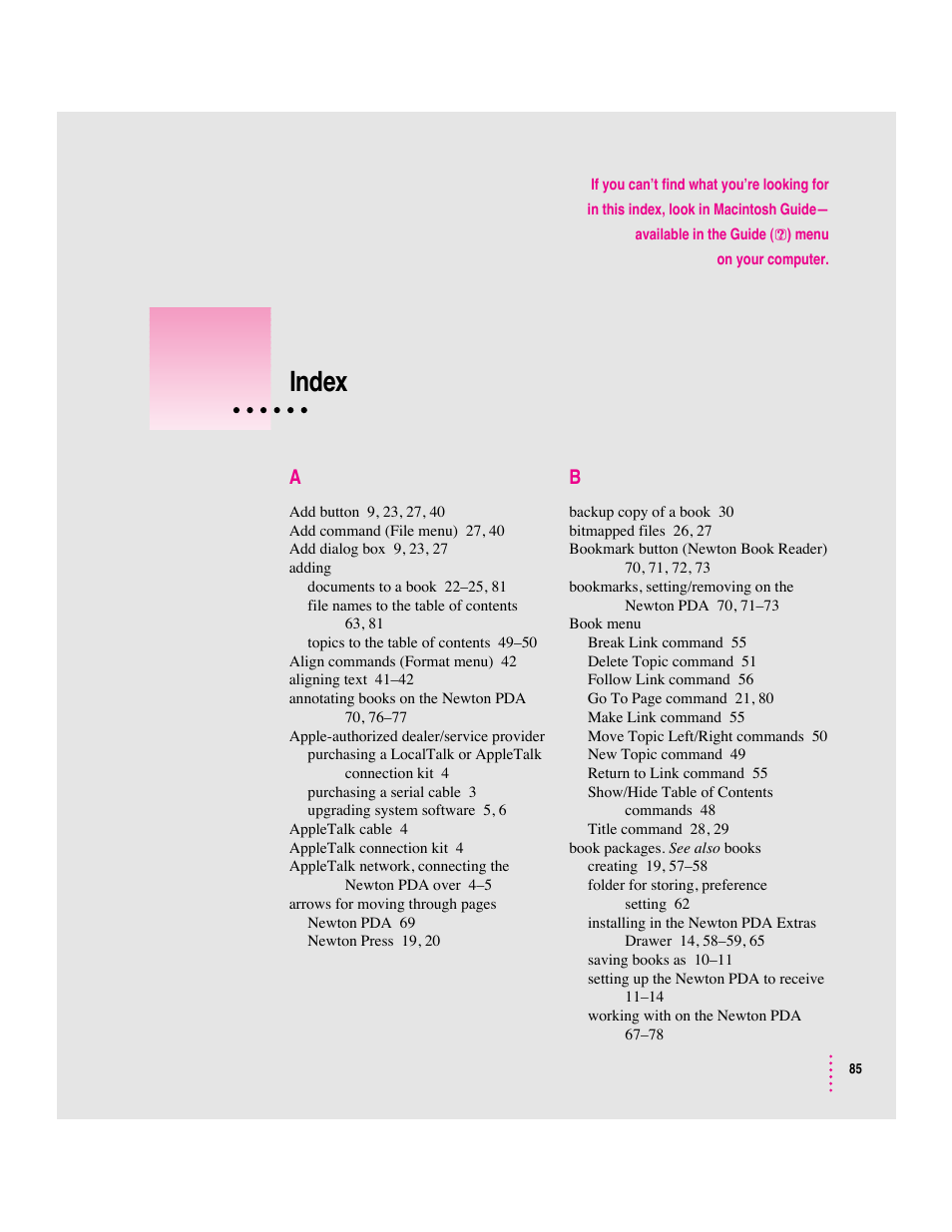 Index | Apple Newton Press (Macintosh) User Manual | Page 85 / 103