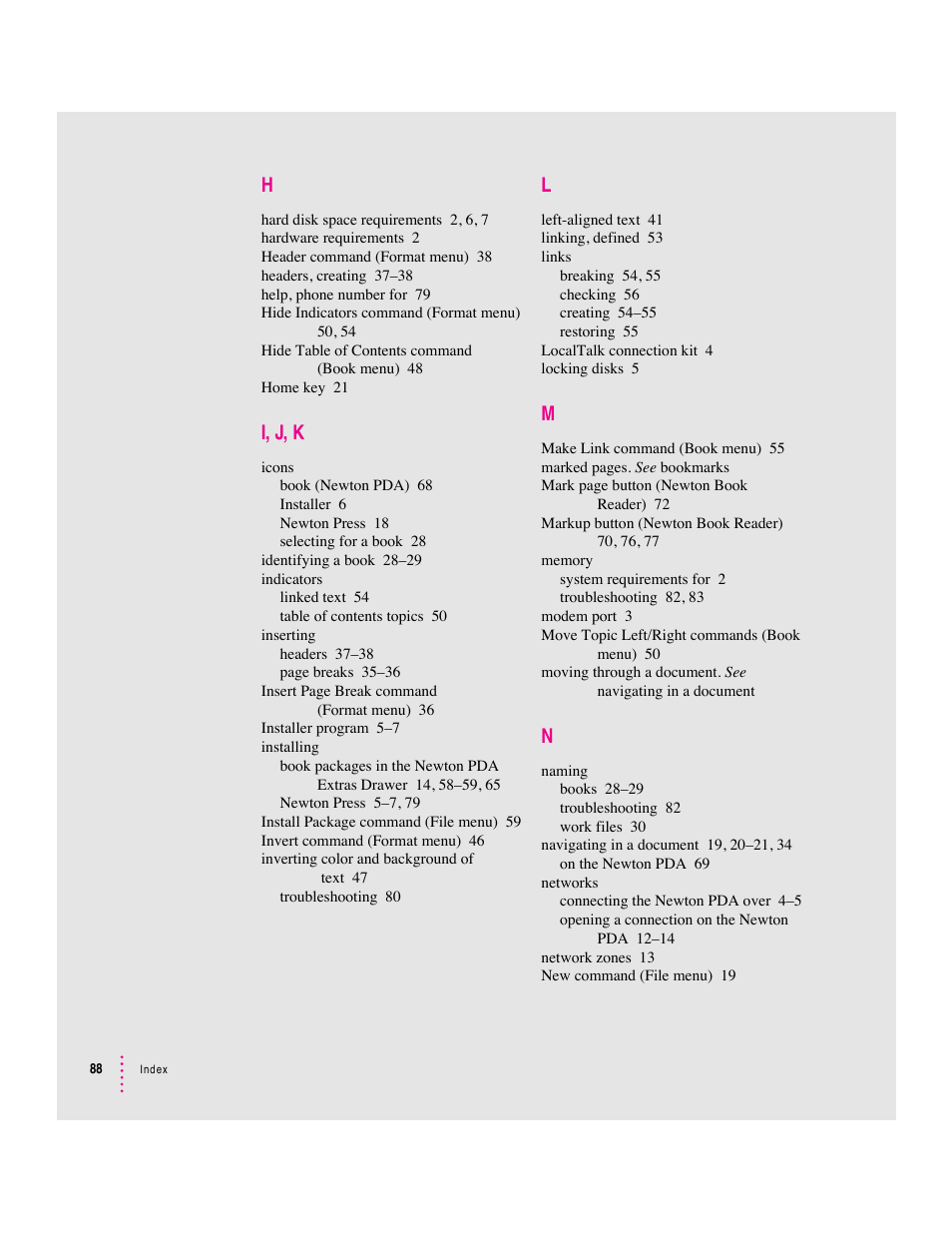 I, j, k | Apple Newton Press (Macintosh) User Manual | Page 88 / 103