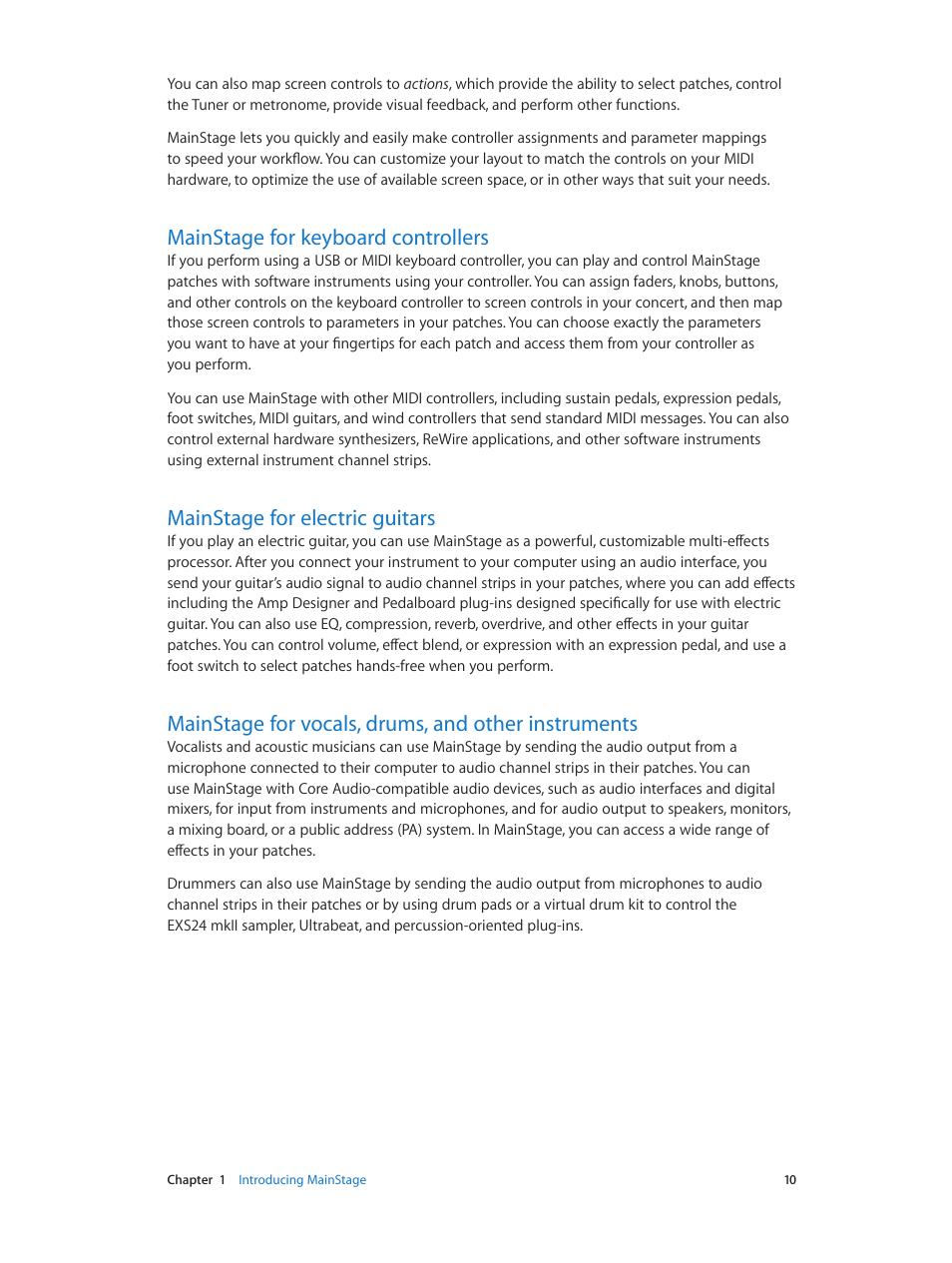 Mainstage for keyboard controllers, Mainstage for electric guitars, Mainstage for vocals, drums, and other instruments | Apple MainStage 3 User Manual | Page 10 / 158