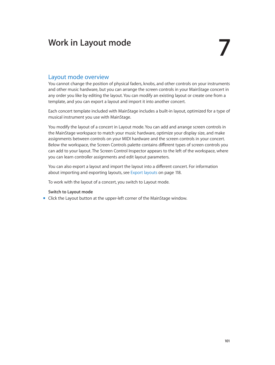 Chapter 7: work in layout mode, Layout mode overview, 101 layout mode overview | Work in layout mode | Apple MainStage 3 User Manual | Page 101 / 158
