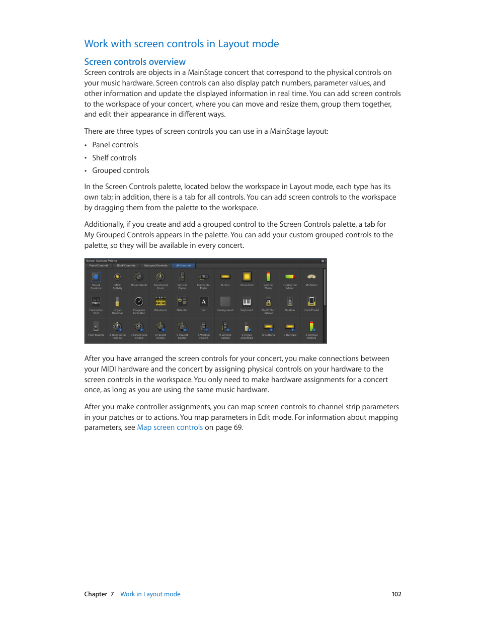 Work with screen controls in layout mode, Screen controls overview, 102 work with screen controls in layout mode 102 | Screen controls, Overview | Apple MainStage 3 User Manual | Page 102 / 158