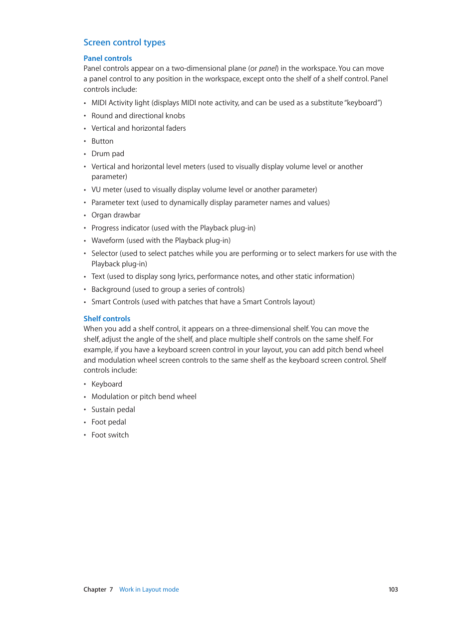 Screen control types | Apple MainStage 3 User Manual | Page 103 / 158