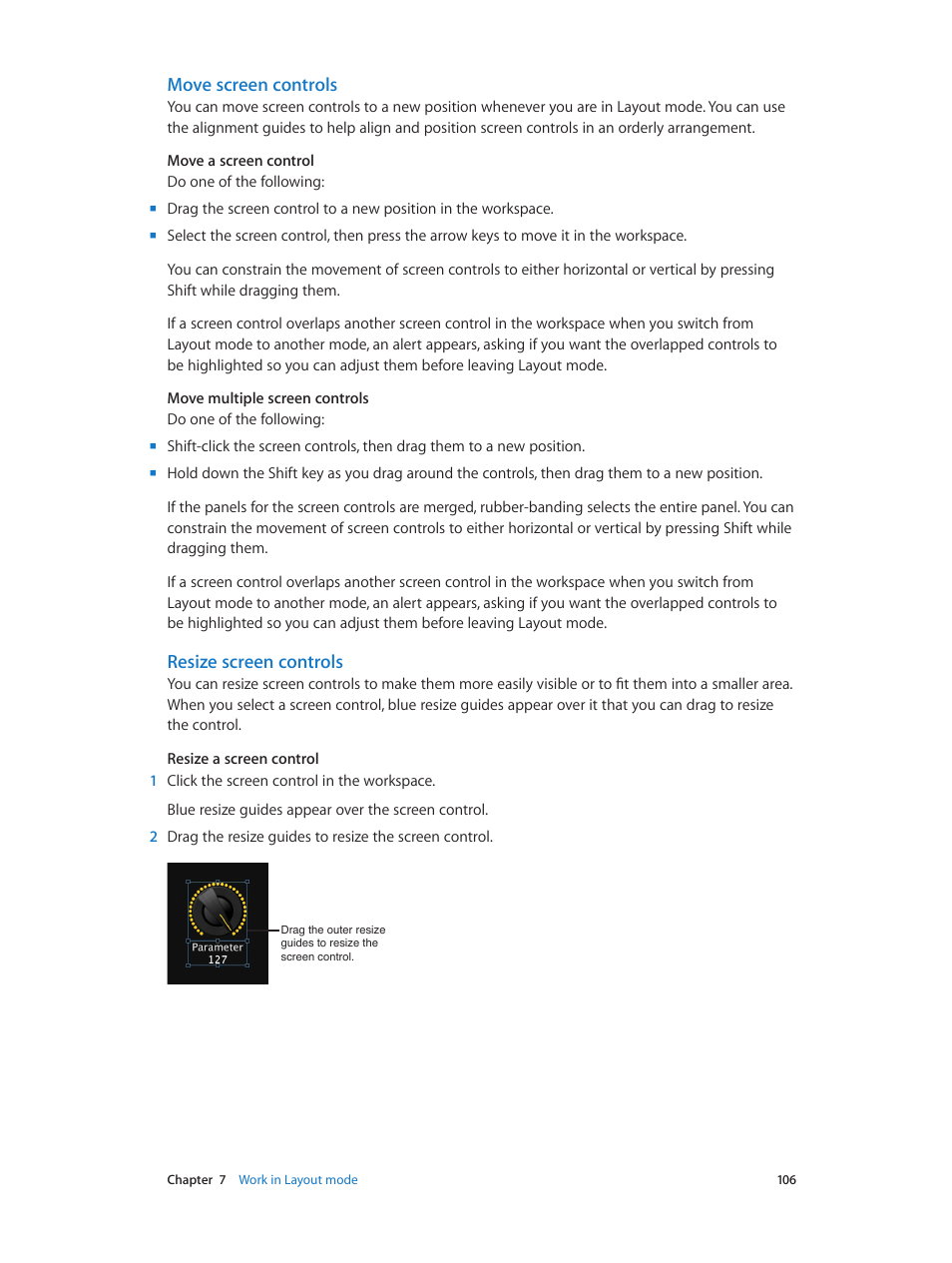 Move screen controls, Resize screen controls | Apple MainStage 3 User Manual | Page 106 / 158