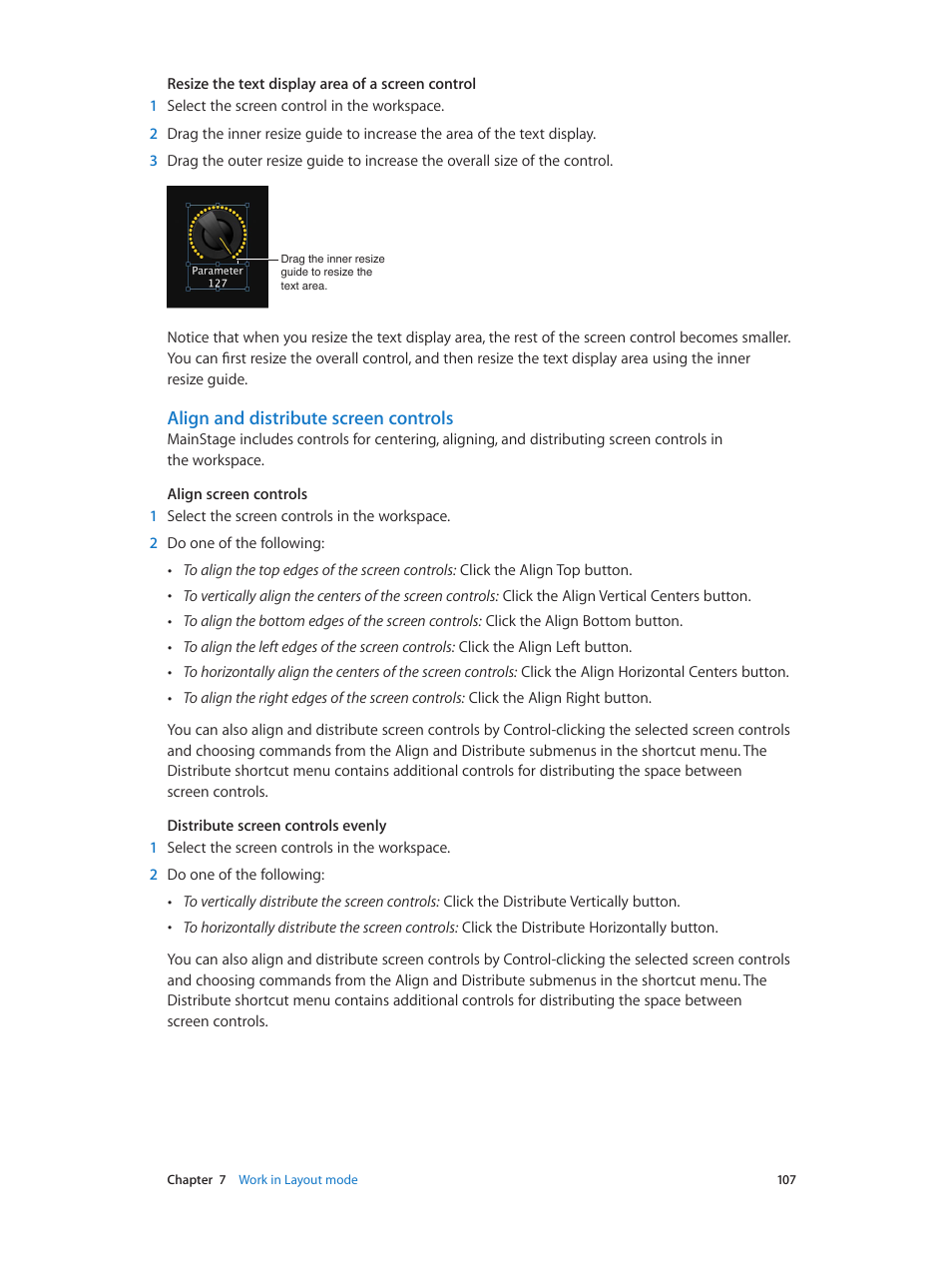 Align and distribute screen controls | Apple MainStage 3 User Manual | Page 107 / 158