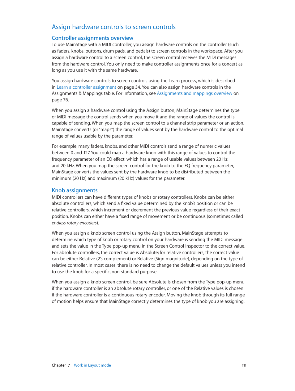 Assign hardware controls to screen controls, Controller assignments overview, Knob assignments | Apple MainStage 3 User Manual | Page 111 / 158