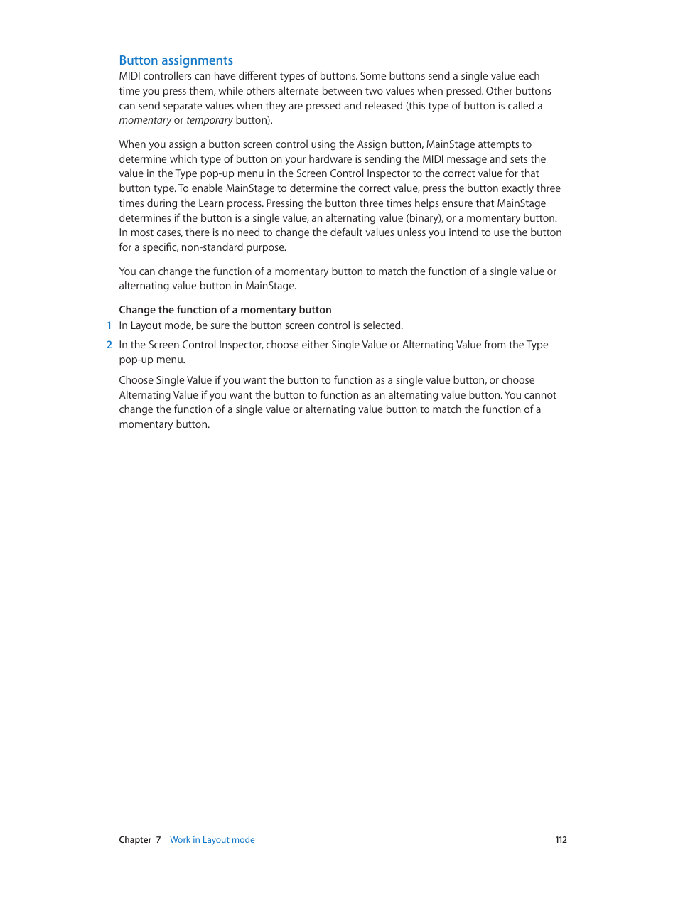 Button assignments, Button, Assignments | Apple MainStage 3 User Manual | Page 112 / 158