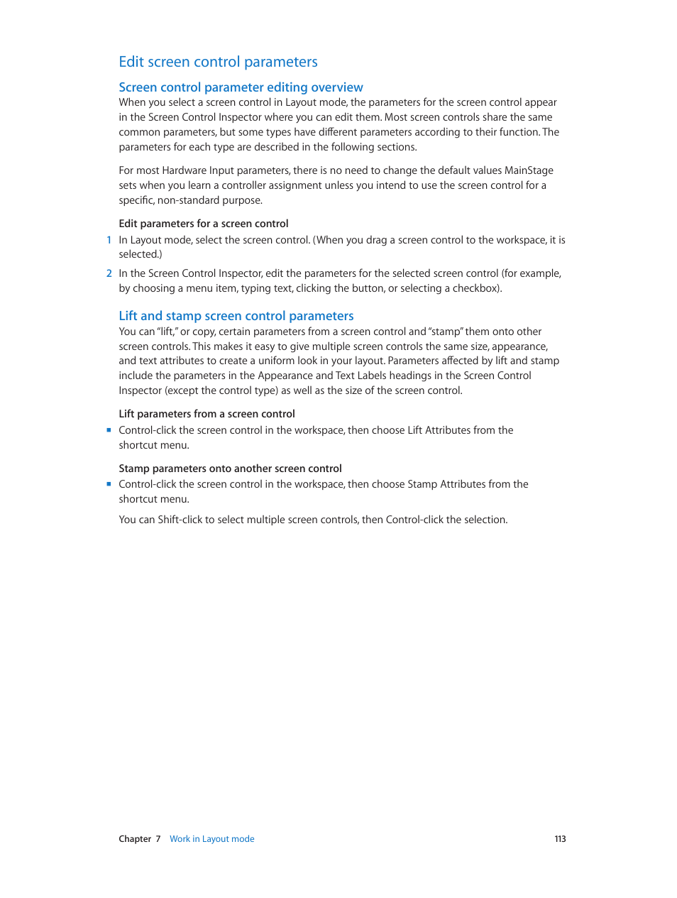Edit screen control parameters, Screen control parameter editing overview, Lift and stamp screen control parameters | 113 edit screen control parameters 113, Ed in | Apple MainStage 3 User Manual | Page 113 / 158