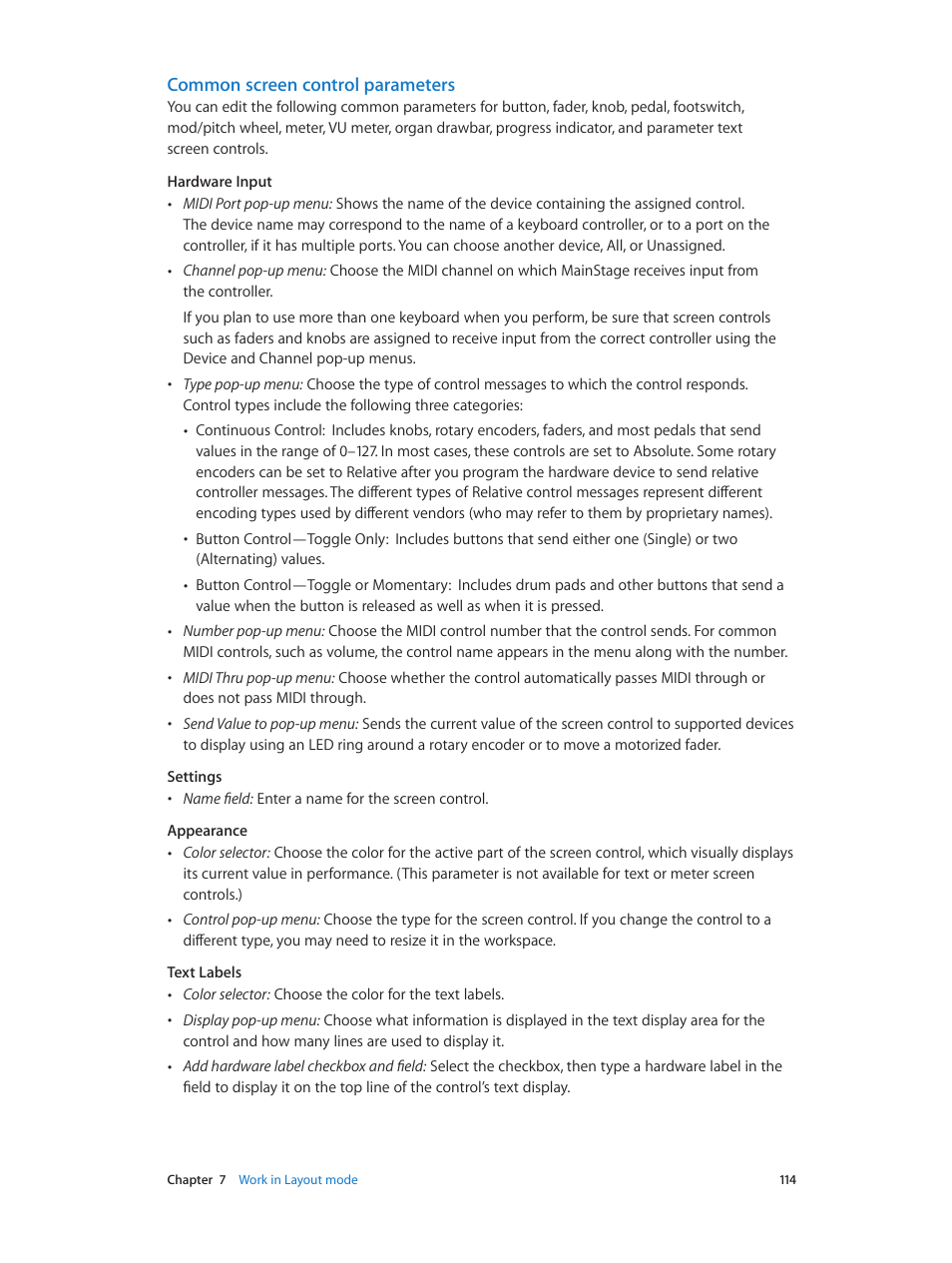 Common screen control parameters | Apple MainStage 3 User Manual | Page 114 / 158