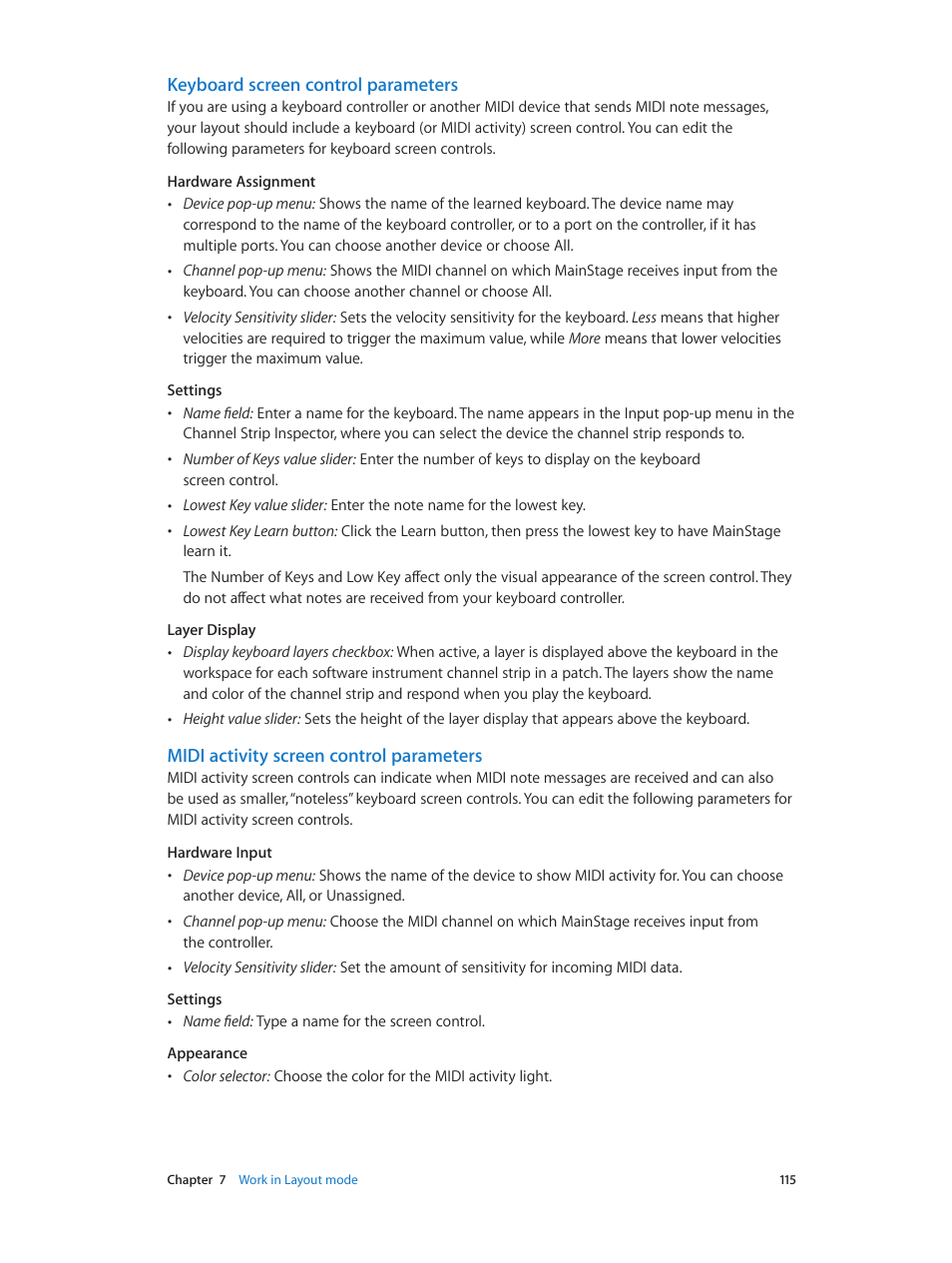 Keyboard screen control parameters, Midi activity screen control parameters | Apple MainStage 3 User Manual | Page 115 / 158