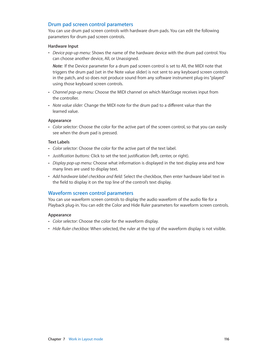 Drum pad screen control parameters, Waveform screen control parameters | Apple MainStage 3 User Manual | Page 116 / 158