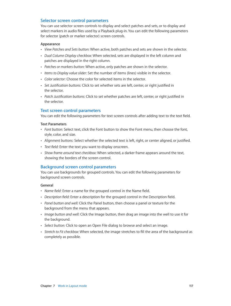 Selector screen control parameters, Text screen control parameters, Background screen control parameters | Apple MainStage 3 User Manual | Page 117 / 158