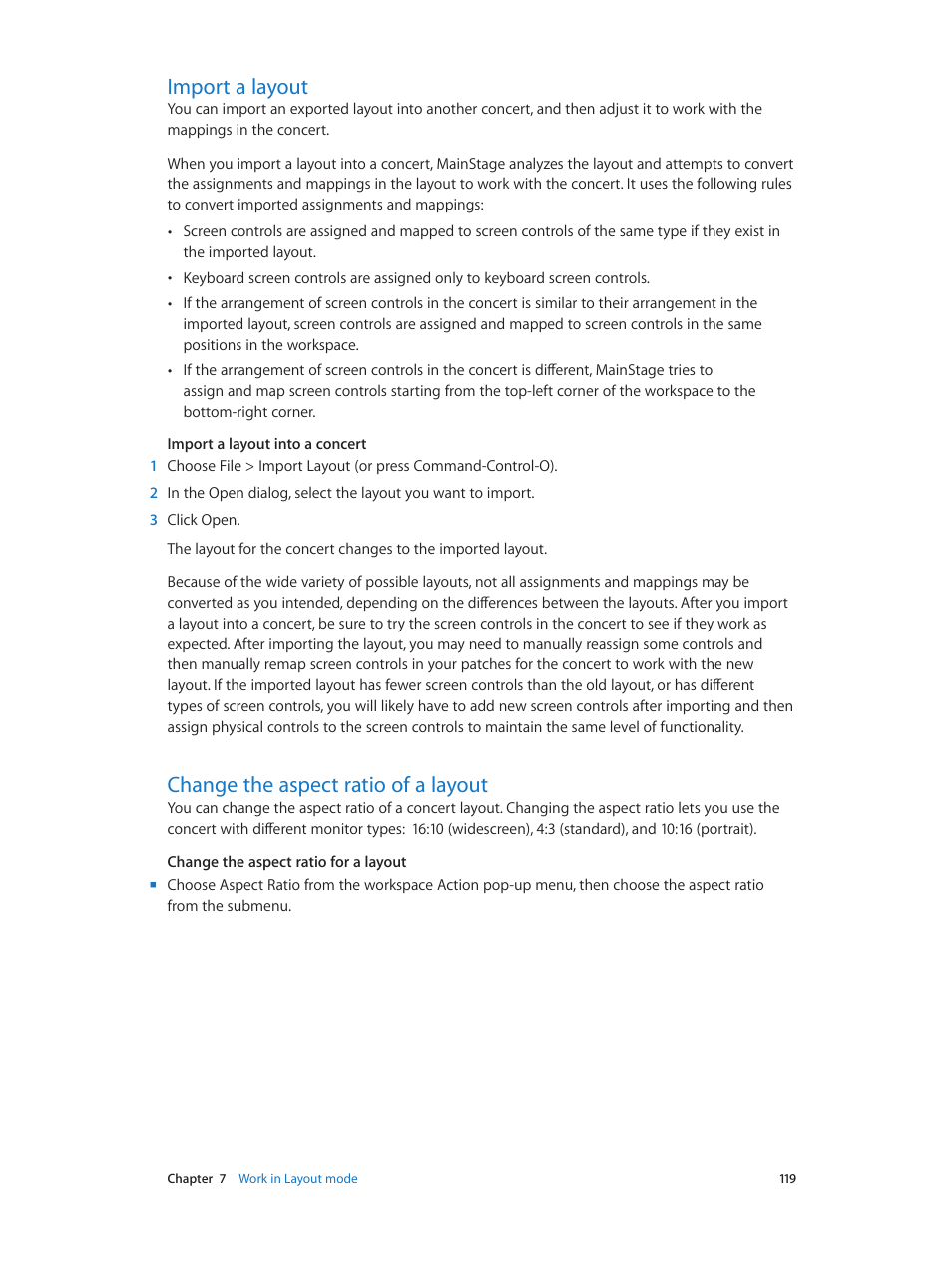 Import a layout, Change the aspect ratio of a layout | Apple MainStage 3 User Manual | Page 119 / 158