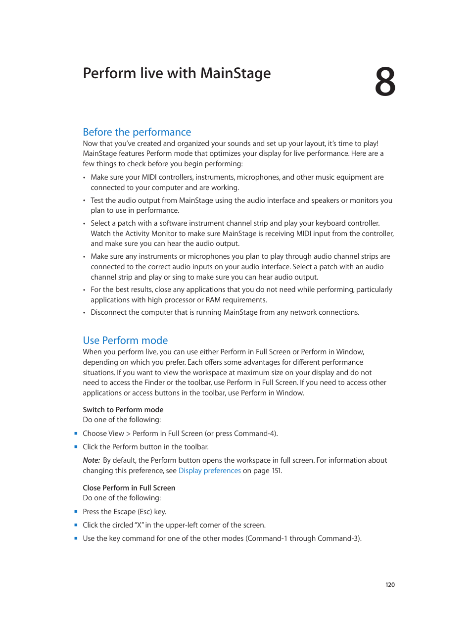 Chapter 8: perform live with mainstage, Before the performance, Use perform mode | 120 before the performance 120 use perform mode, Perform live with mainstage | Apple MainStage 3 User Manual | Page 120 / 158