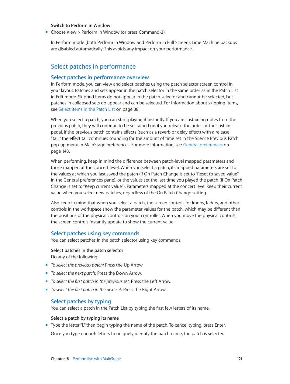 Select patches in performance, Select patches in performance overview, Select patches using key commands | Select patches by typing, 121 select patches in performance 121 | Apple MainStage 3 User Manual | Page 121 / 158
