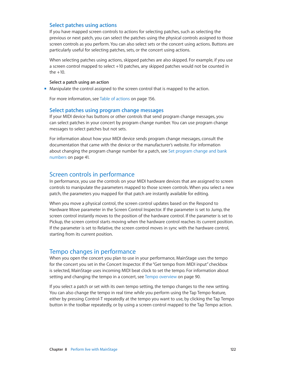 Select patches using actions, Select patches using program change messages, Screen controls in performance | Tempo changes in performance | Apple MainStage 3 User Manual | Page 122 / 158