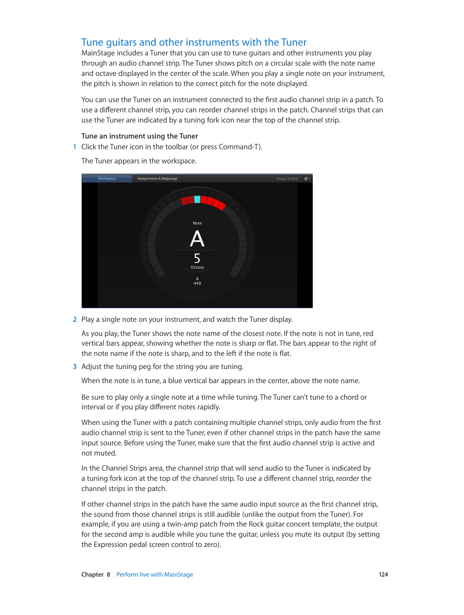 Tune guitars and other instruments with the tuner | Apple MainStage 3 User Manual | Page 124 / 158