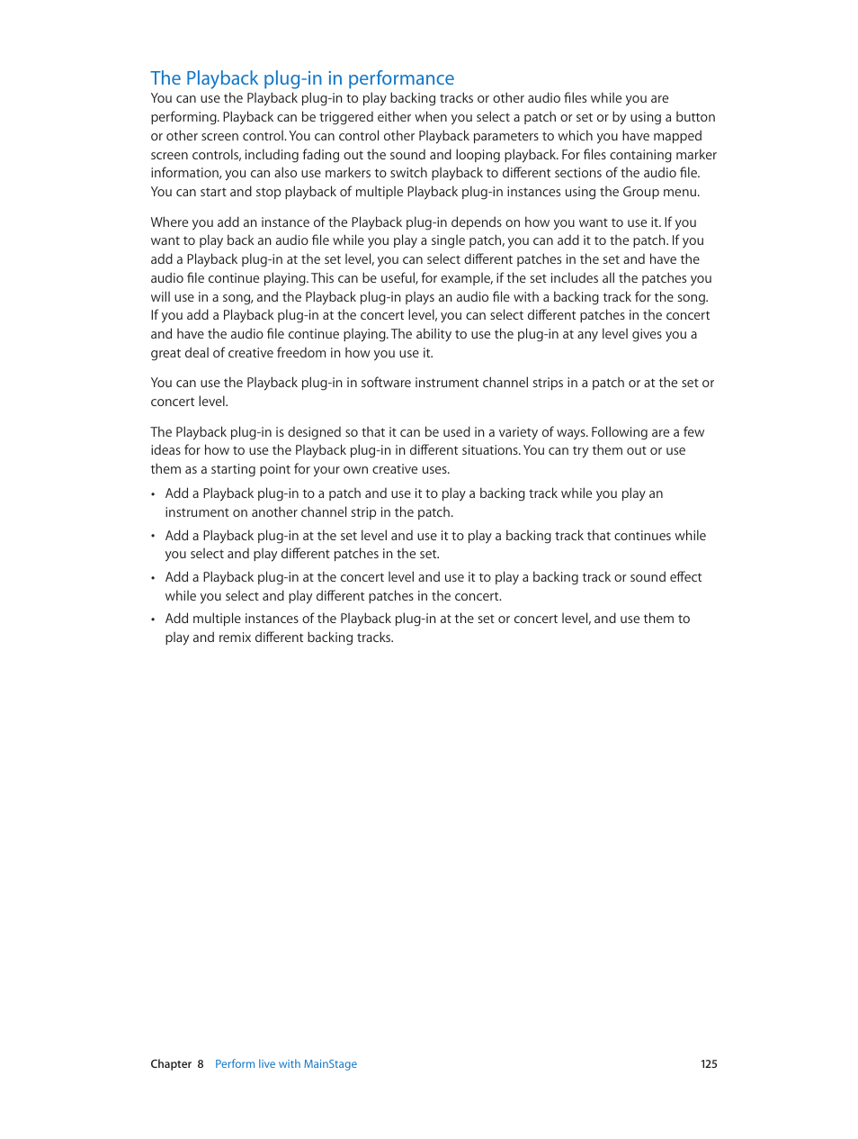 The playback plug-in in performance, 125 the playback plug-in in performance | Apple MainStage 3 User Manual | Page 125 / 158