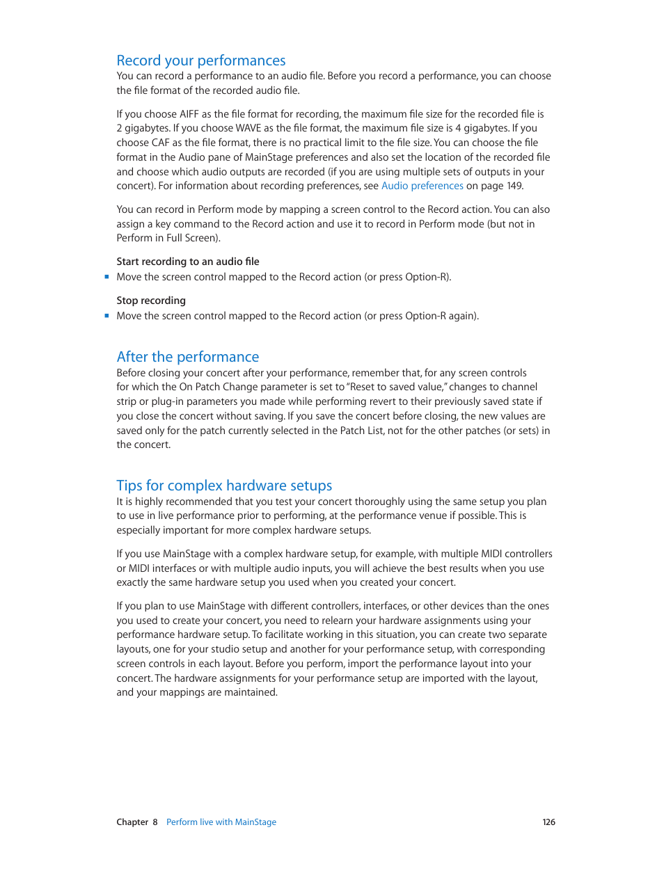 Record your performances, After the performance, Tips for complex hardware setups | Apple MainStage 3 User Manual | Page 126 / 158