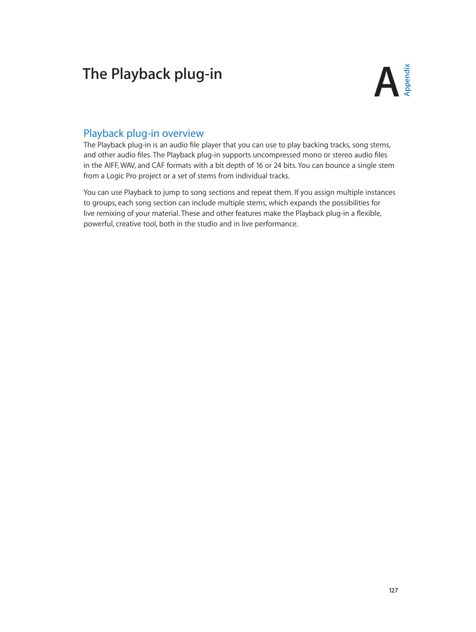 Appendix a: the playback plug-in, Playback plug-in overview, 127 playback plug-in overview | The playback plug-in | Apple MainStage 3 User Manual | Page 127 / 158