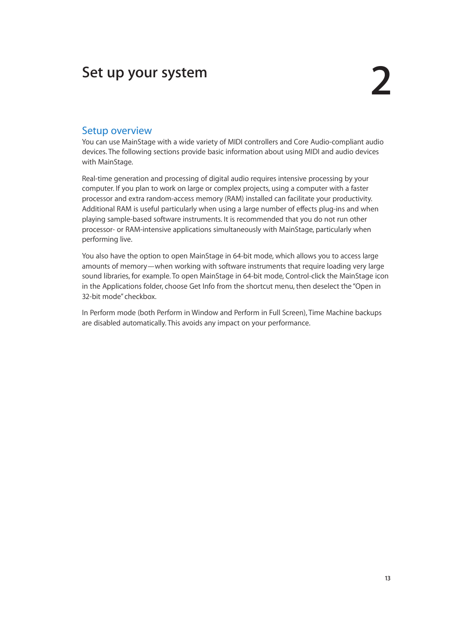 Chapter 2: set up your system, Setup overview, 13 setup overview | Set up your system | Apple MainStage 3 User Manual | Page 13 / 158