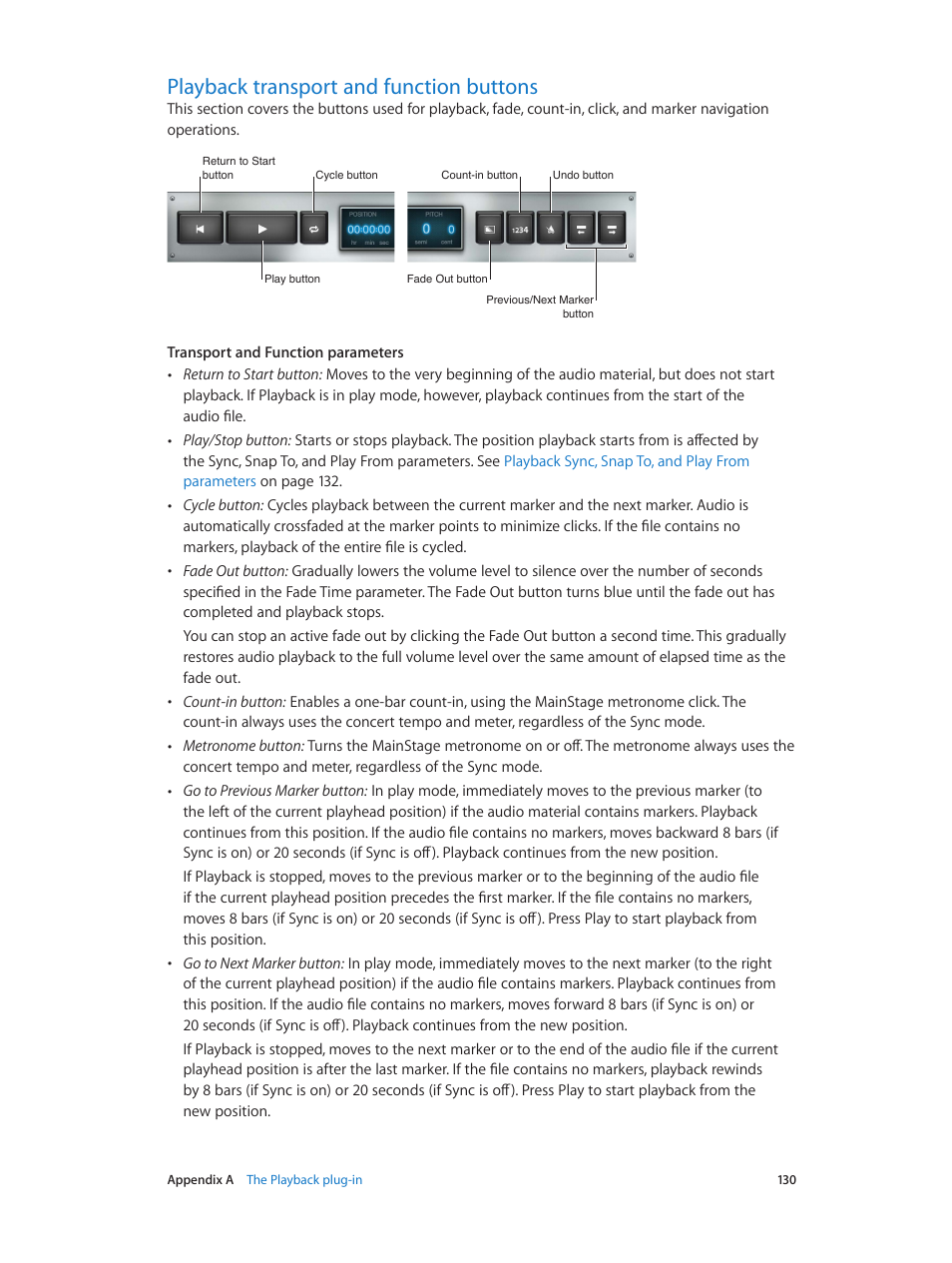 Playback transport and function buttons, 130 playback transport and function buttons, Playback transport and | Function buttons | Apple MainStage 3 User Manual | Page 130 / 158
