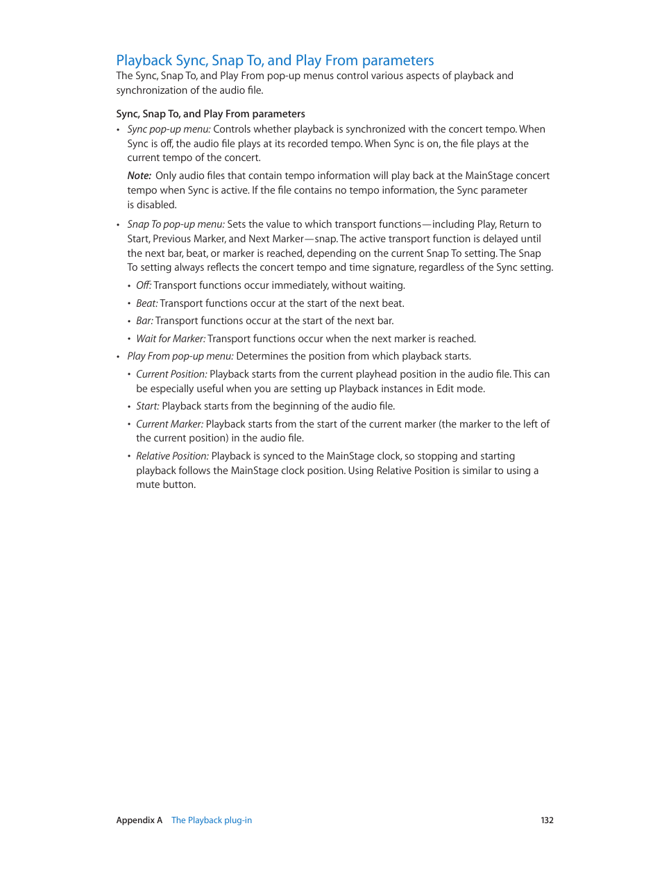 Playback sync, snap to, and play from parameters, Playback sync, Snap to, and play from parameters | Playback sync, snap to, and play from, Parameters | Apple MainStage 3 User Manual | Page 132 / 158