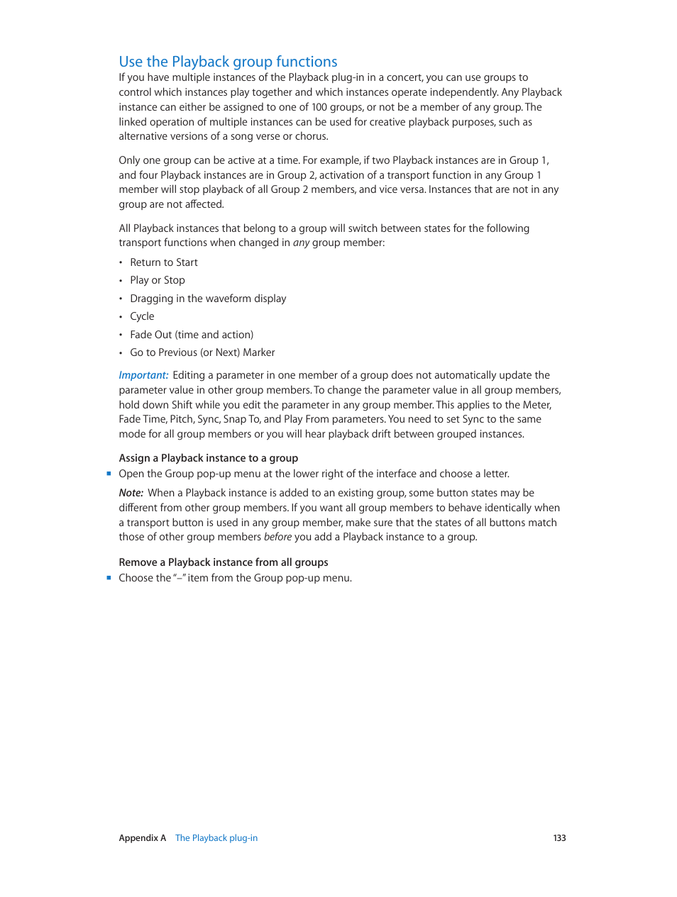 Use the playback group functions, 133 use the playback group functions, Use the playback | Group functions | Apple MainStage 3 User Manual | Page 133 / 158