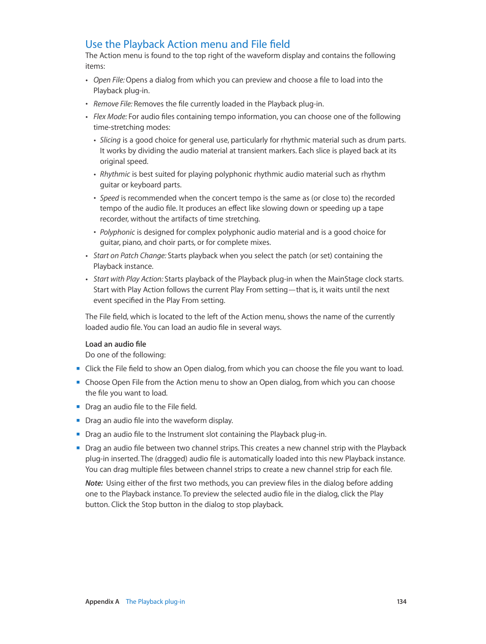 Use the playback action menu and file field, 134 use the playback action menu and file field, Use the playback action menu and | File field | Apple MainStage 3 User Manual | Page 134 / 158