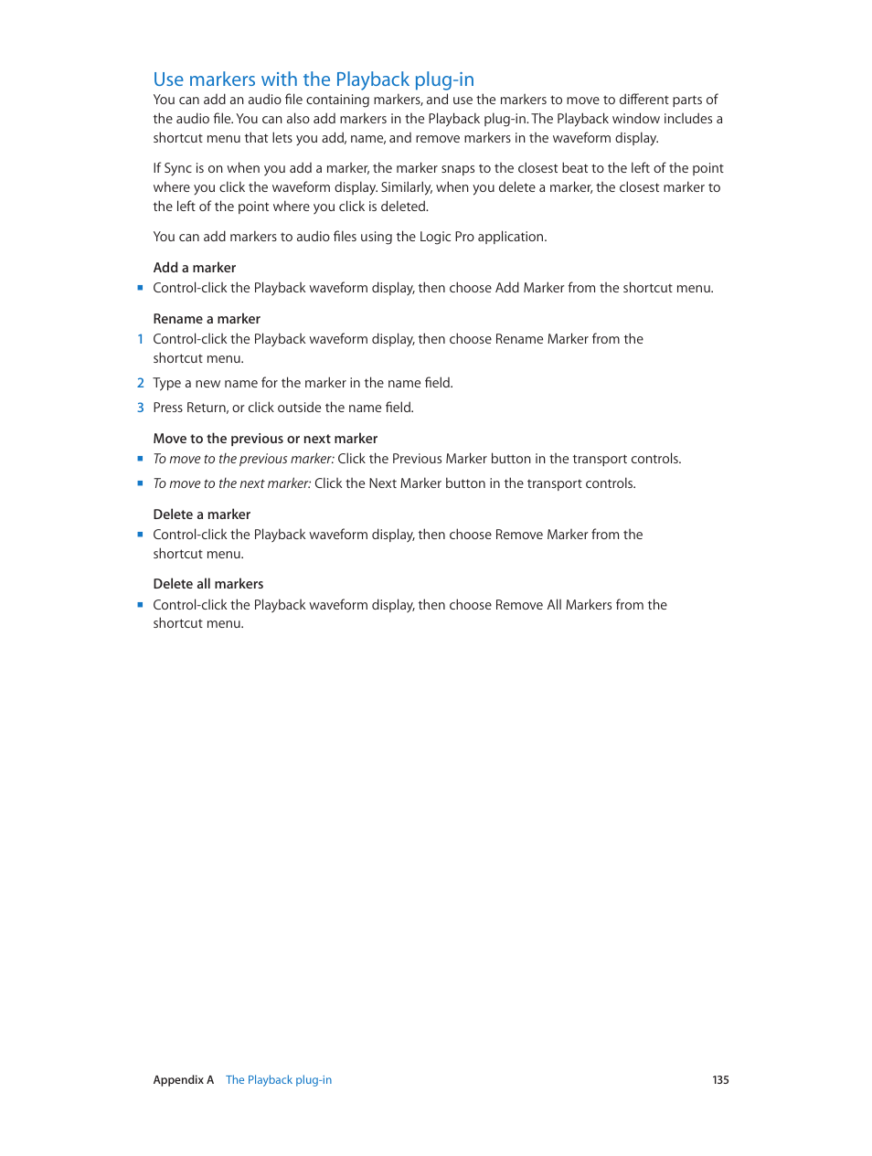 Use markers with the playback plug-in, 135 use markers with the playback plug-in, Markers with the playback plug-in | Use markers, With the playback plug-in | Apple MainStage 3 User Manual | Page 135 / 158