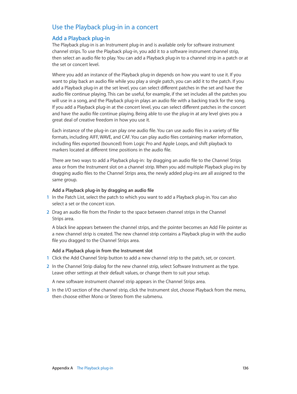 Use the playback plug-in in a concert, Add a playback plug-in, 136 use the playback plug-in in a concert 136 | Apple MainStage 3 User Manual | Page 136 / 158