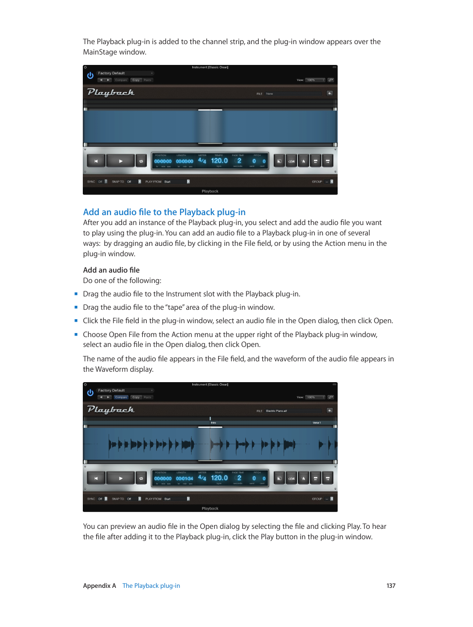 Add an audio file to the playback plug-in | Apple MainStage 3 User Manual | Page 137 / 158