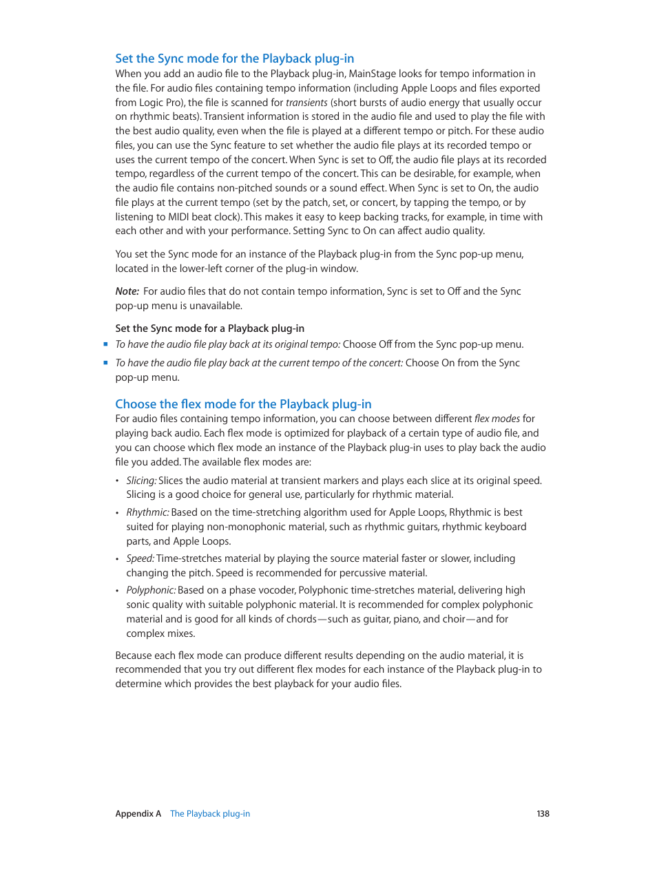 Set the sync mode for the playback plug-in, Choose the flex mode for the playback plug-in | Apple MainStage 3 User Manual | Page 138 / 158