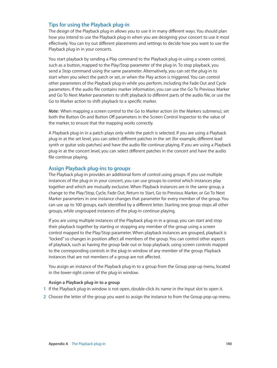 Tips for using the playback plug-in, Assign playback plug-ins to groups | Apple MainStage 3 User Manual | Page 140 / 158