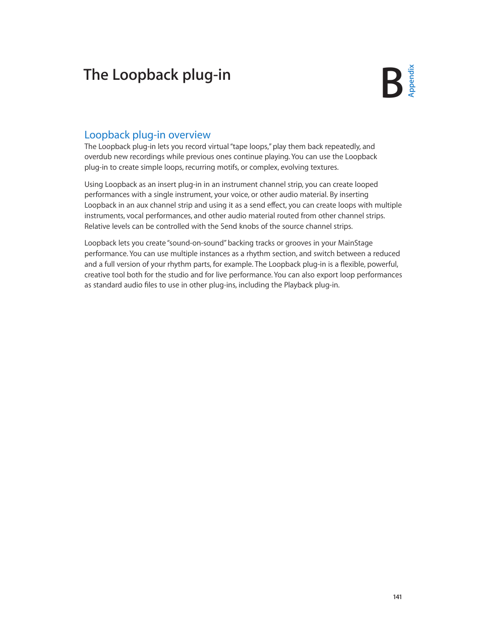 Appendix b: the loopback plug-in, Loopback plug-in overview, 141 loopback plug-in overview | The loopback plug-in | Apple MainStage 3 User Manual | Page 141 / 158