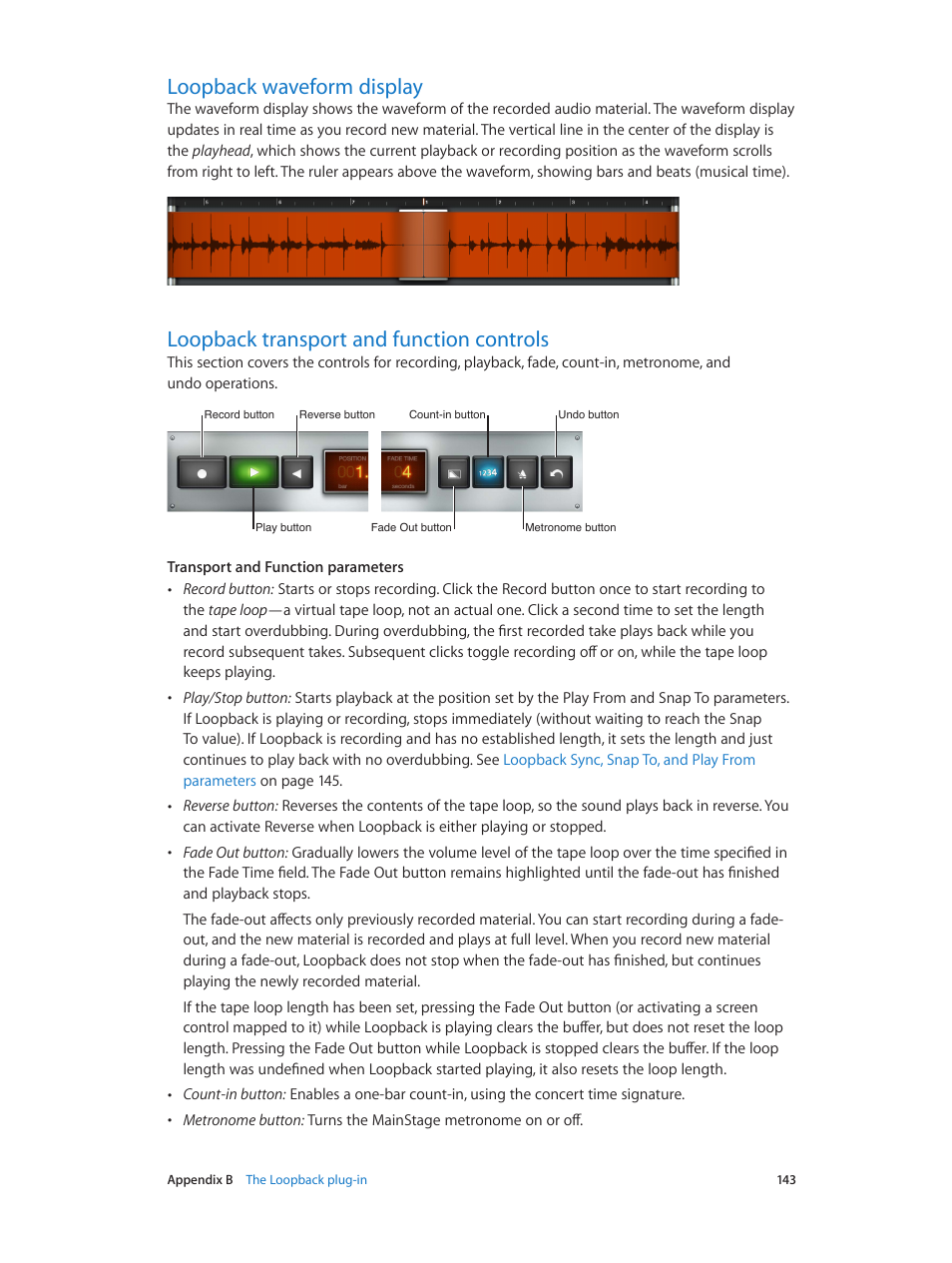 Loopback waveform display, Loopback transport and function controls, Loopback | Transport and function controls | Apple MainStage 3 User Manual | Page 143 / 158