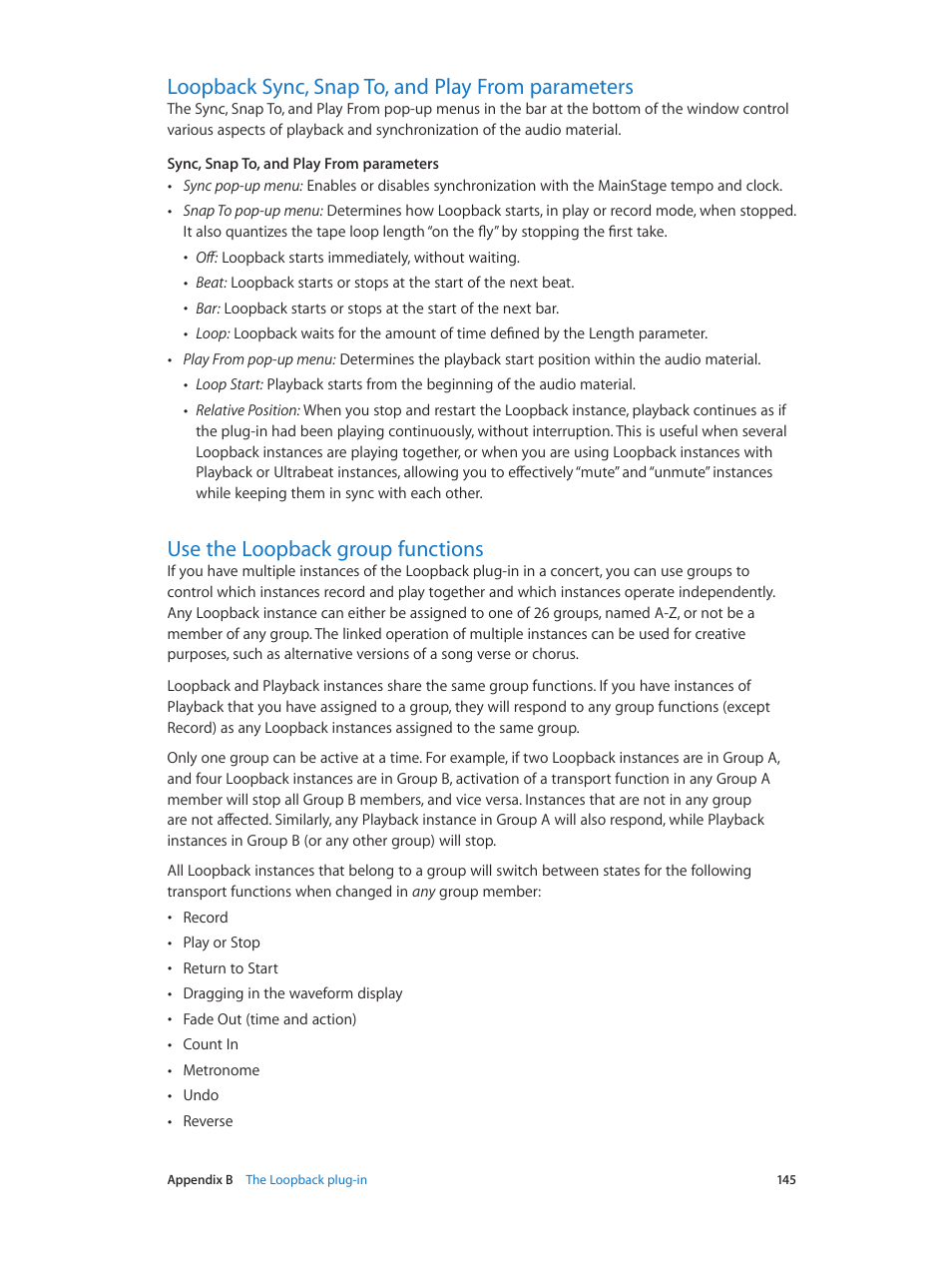 Loopback sync, snap to, and play from parameters, Use the loopback group functions, Use the loopback | Group functions, Loopback sync, snap to, and play from, Parameters | Apple MainStage 3 User Manual | Page 145 / 158