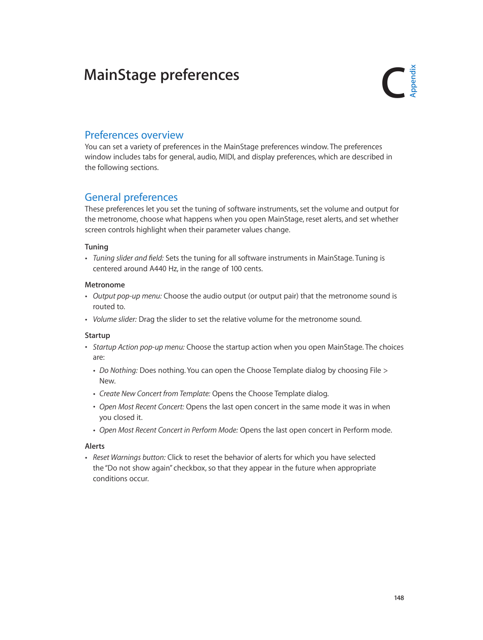 Appendix c: mainstage preferences, Preferences overview, General preferences | 148 preferences overview 148 general preferences, Mainstage preferences | Apple MainStage 3 User Manual | Page 148 / 158