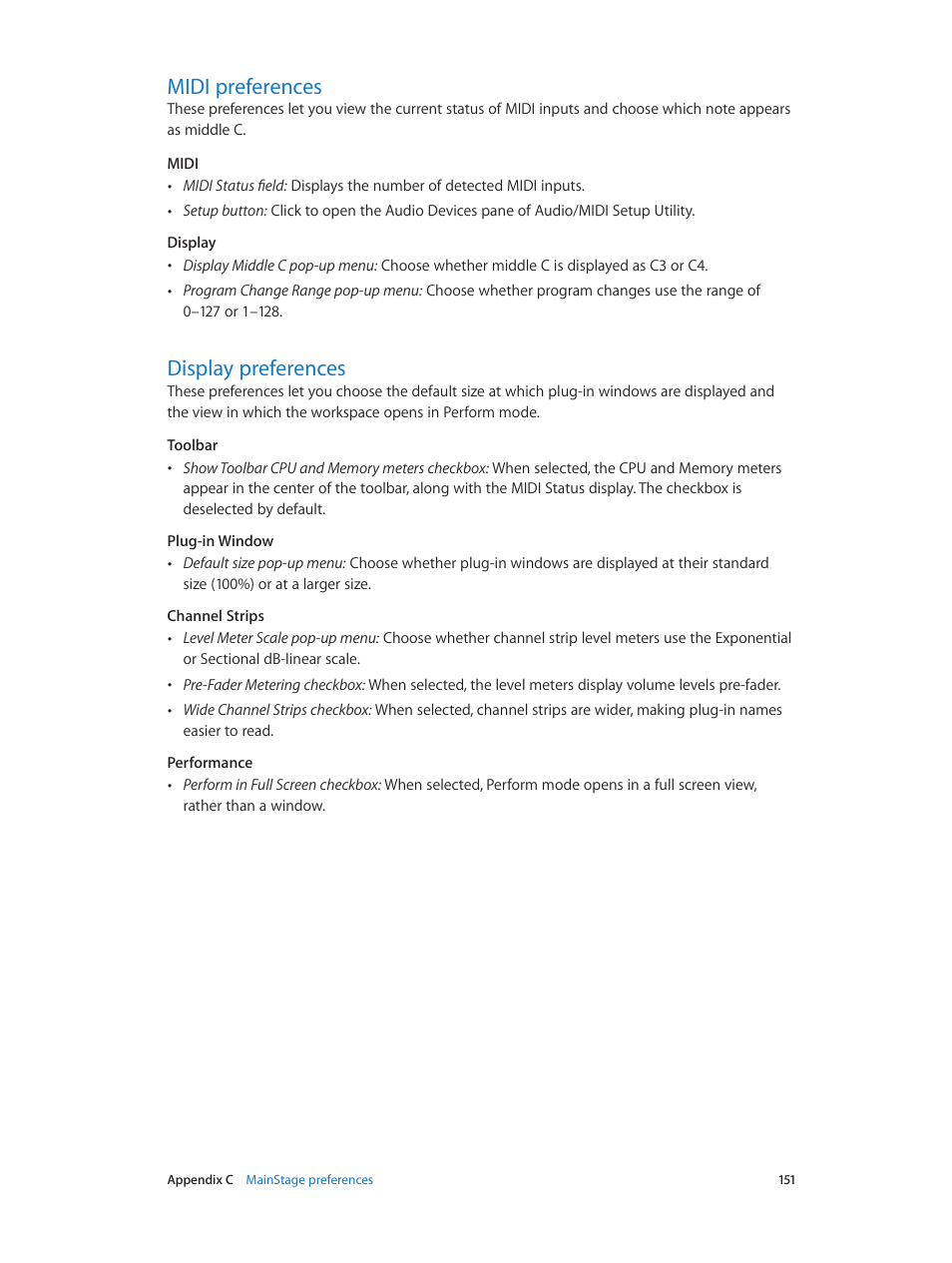 Midi preferences, Display preferences, 151 midi preferences 151 display preferences | Display, Preferences | Apple MainStage 3 User Manual | Page 151 / 158
