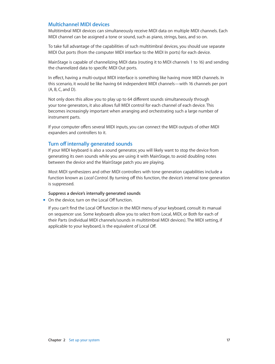 Multichannel midi devices, Turn off internally generated sounds | Apple MainStage 3 User Manual | Page 17 / 158