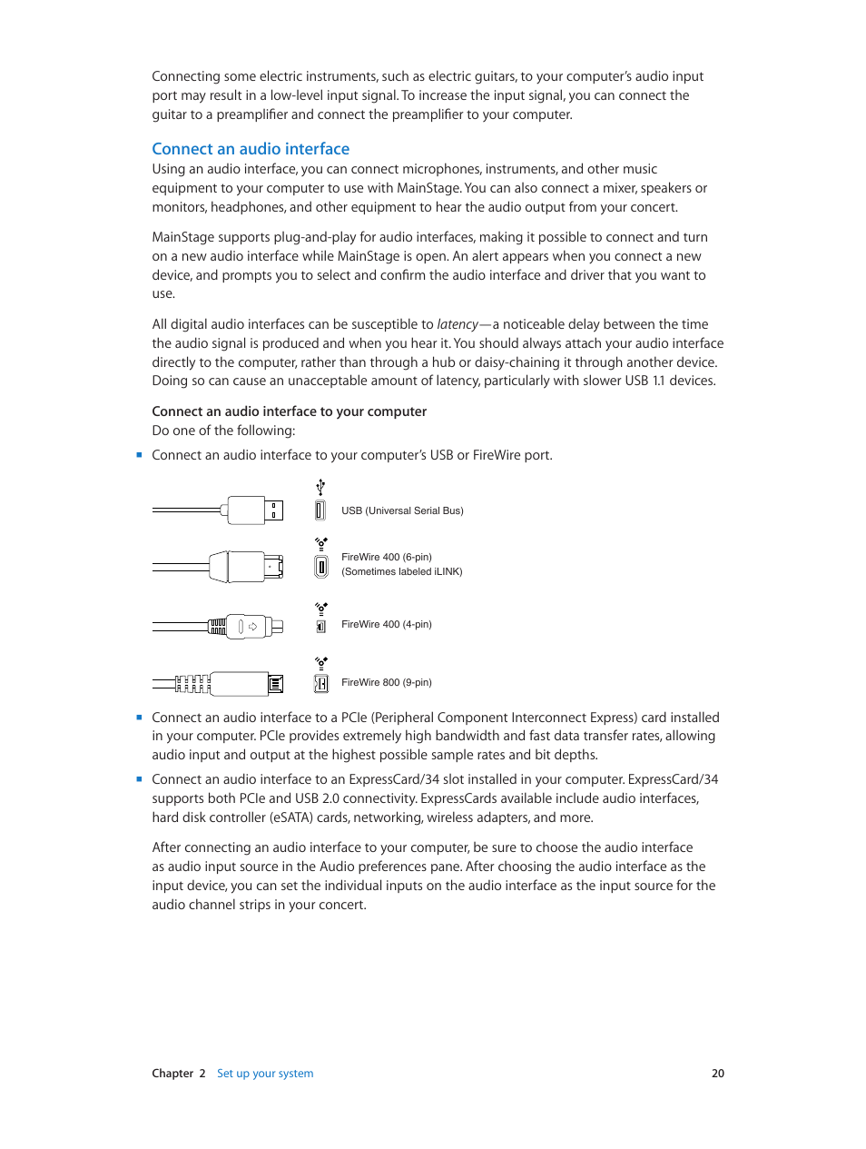 Connect an audio interface | Apple MainStage 3 User Manual | Page 20 / 158