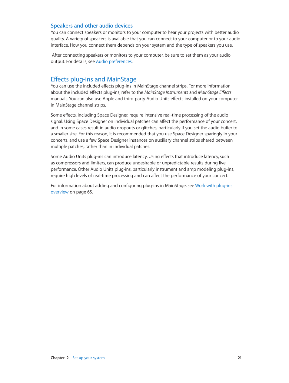 Speakers and other audio devices, Effects plug-ins and mainstage, 21 effects plug-ins and mainstage | Apple MainStage 3 User Manual | Page 21 / 158