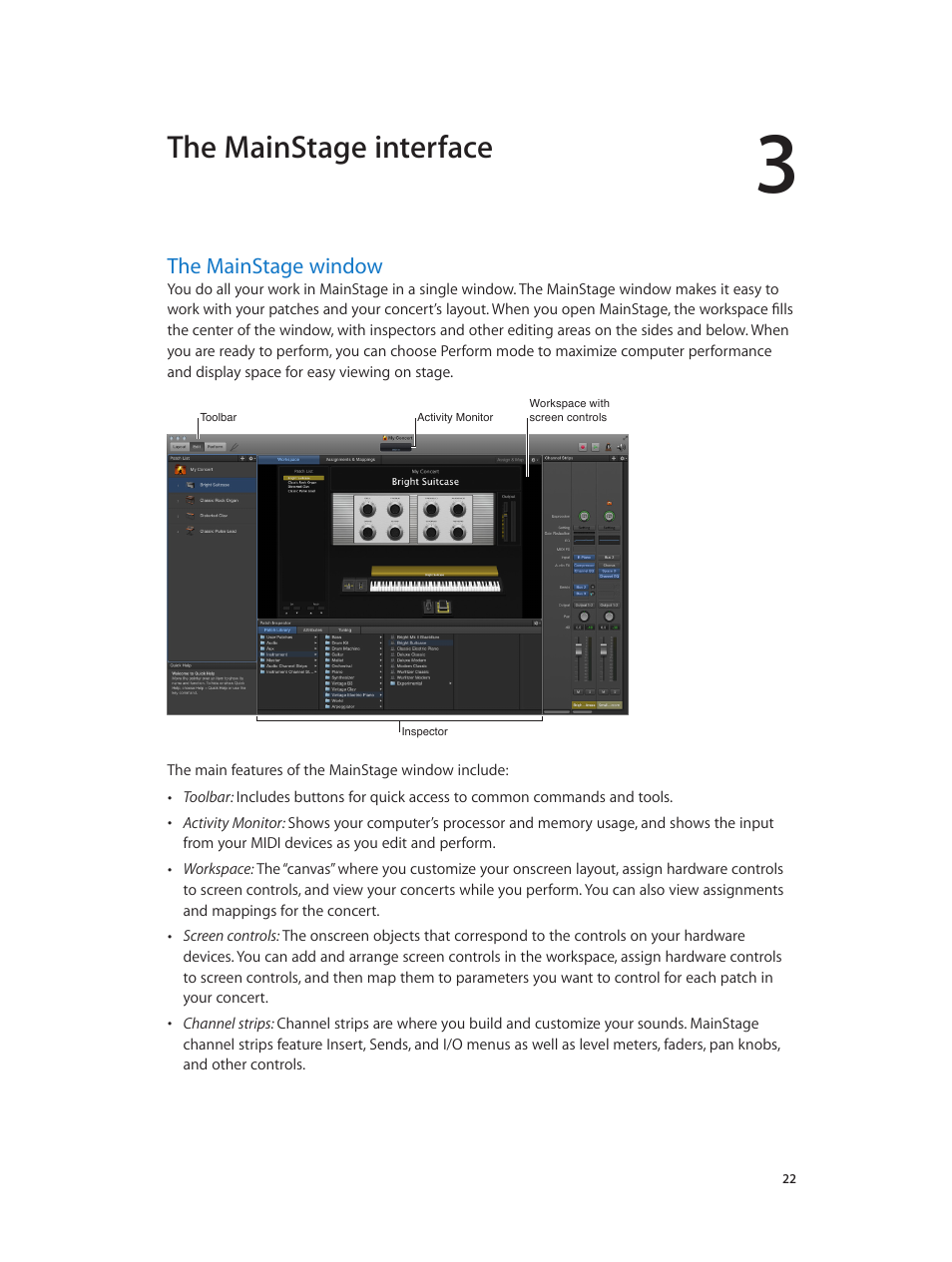 Chapter 3: the mainstage interface, The mainstage window, 22 the mainstage window | The mainstage interface | Apple MainStage 3 User Manual | Page 22 / 158